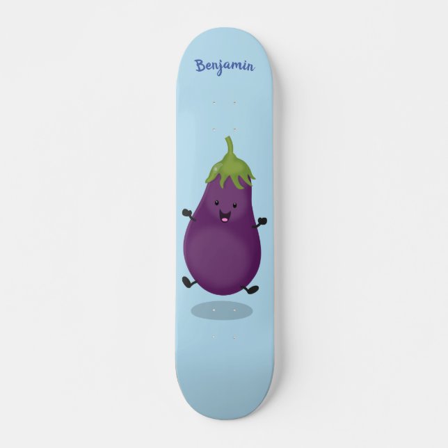 Cute happy eggplant aubergine cartoon illustration skateboard (Front)
