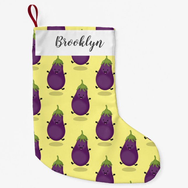 Cute happy eggplant aubergine cartoon illustration small christmas stocking (Front)