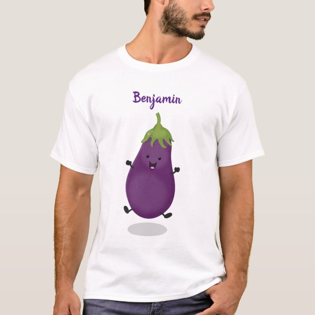 Cute happy eggplant aubergine cartoon illustration T-Shirt (Front)