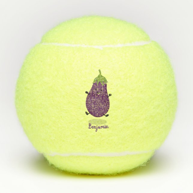 Cute happy eggplant aubergine cartoon illustration tennis balls (Front)