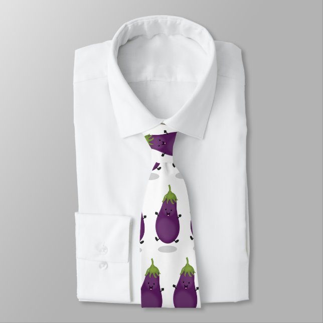 Cute happy eggplant aubergine cartoon illustration tie (Tied)