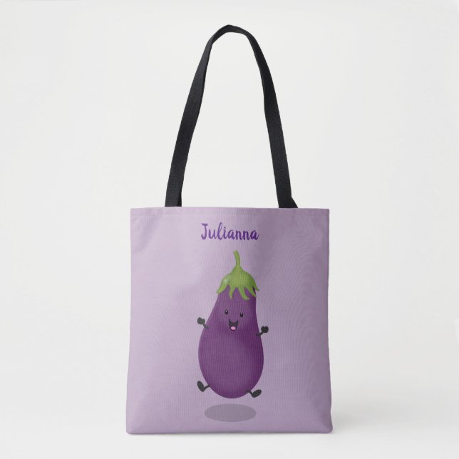 Cute happy eggplant aubergine cartoon illustration tote bag (Front)