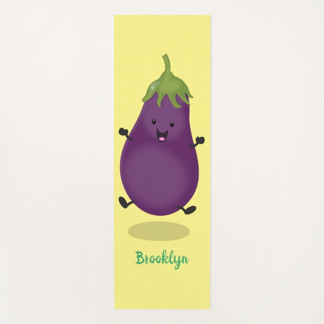 Cute happy eggplant aubergine cartoon illustration yoga mat (Front)