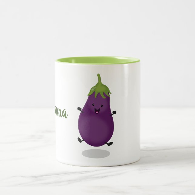 Cute happy eggplant cartoon illustration Two-Tone coffee mug (Center)