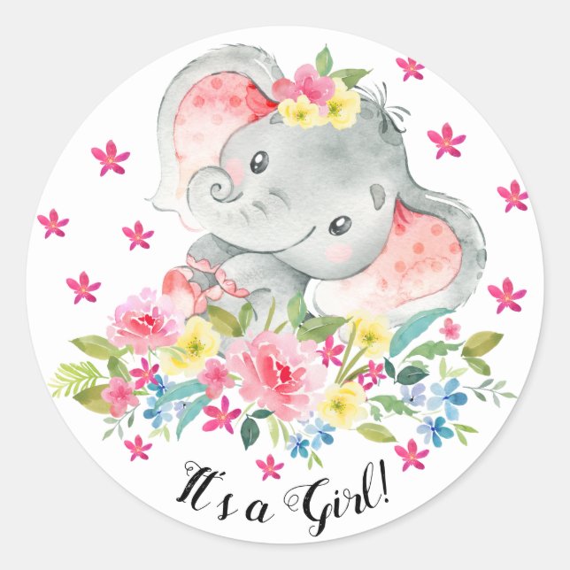 Cute Happy Elephant It' a Girl Favour Sticker (Front)