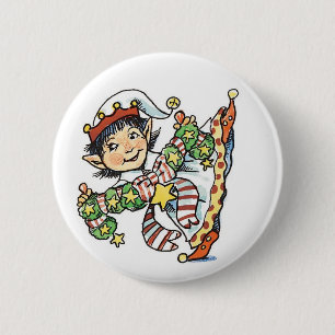 Cute Happy Elf Dancing, Retro Christmas Cartoon 6 Cm Round Badge