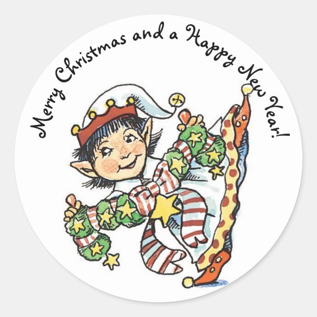 Cute Happy Elf Dancing, Retro Christmas Cartoon Classic Round Sticker (Front)