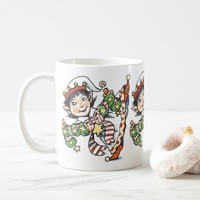 Cute Happy Elf Dancing, Retro Christmas Cartoon Coffee Mug (With Donut)