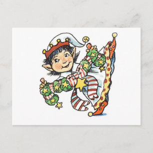 Cute Happy Elf Dancing, Retro Christmas Cartoon Holiday Postcard