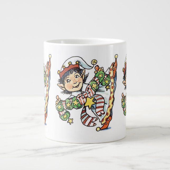 Cute Happy Elf Dancing, Retro Christmas Cartoon Large Coffee Mug (Front)
