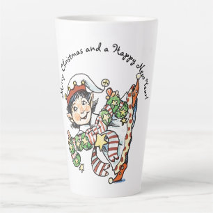 Cute Happy Elf Dancing, Retro Christmas Cartoon Latte Mug