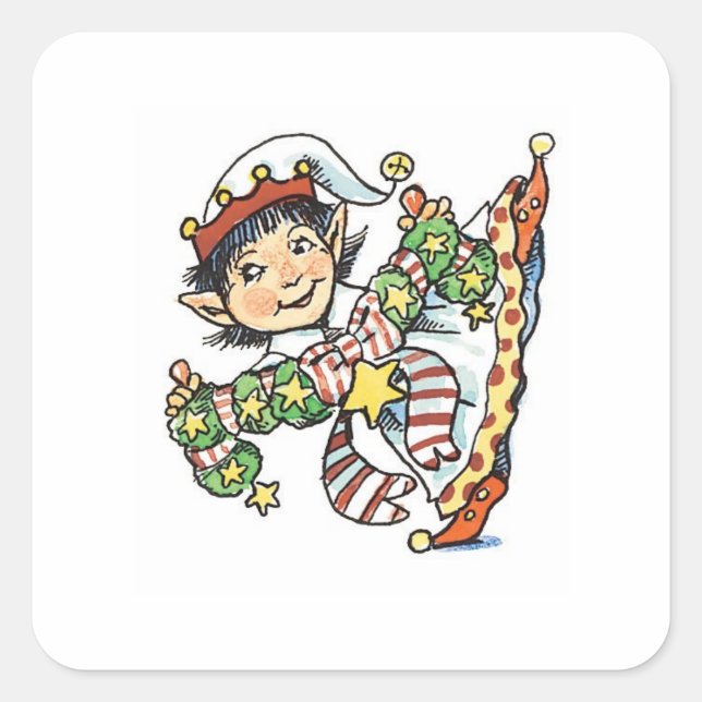 Cute Happy Elf Dancing, Retro Christmas Cartoon Square Sticker (Front)