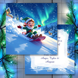 Cute Happy Elf Sledding   Personalized Christmas Holiday Card