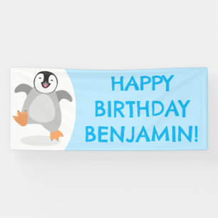 Cute happy emperor penguin chick birthday cartoon banner