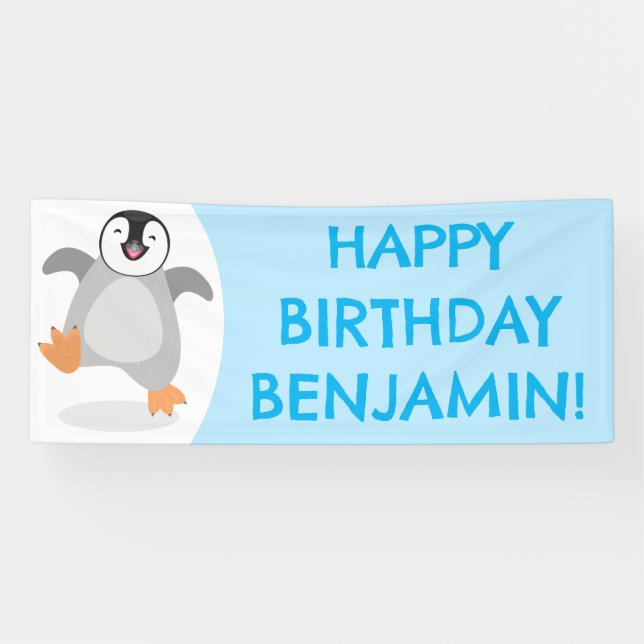 Cute happy emperor penguin chick birthday cartoon banner (Horizontal)