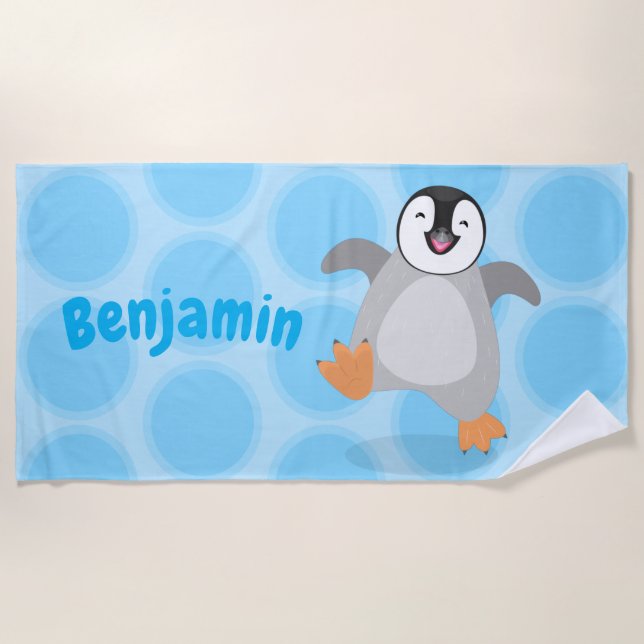 Cute happy emperor penguin chick cartoon beach towel (Front)