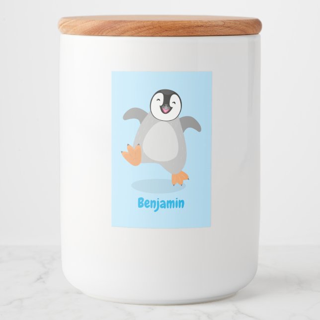 Cute happy emperor penguin chick cartoon food label (Front)