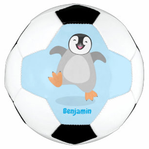 Cute happy emperor penguin chick cartoon football