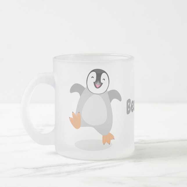 Cute happy emperor penguin chick cartoon frosted glass coffee mug (Left)