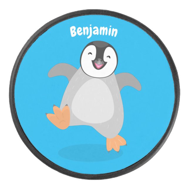 Cute happy emperor penguin chick cartoon hockey puck (Front)