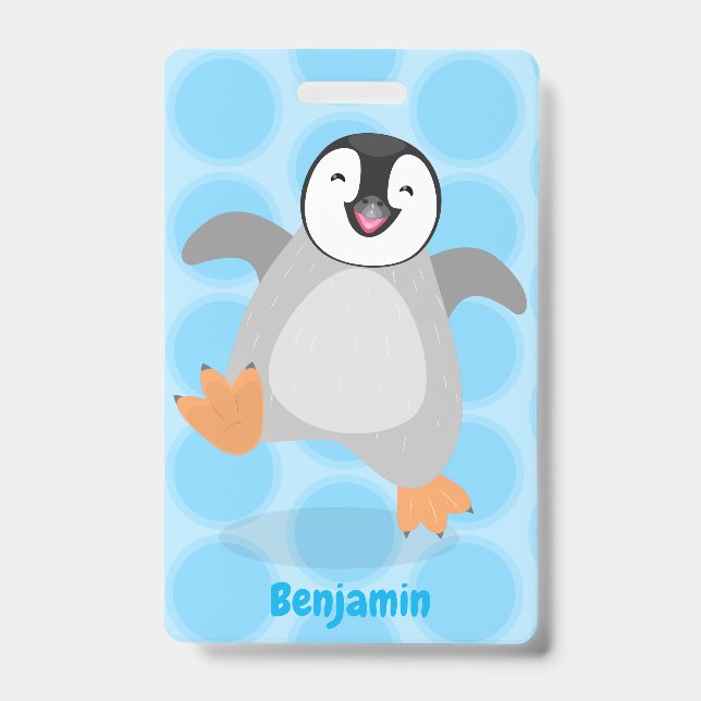 Cute happy emperor penguin chick cartoon ID badge (Front)