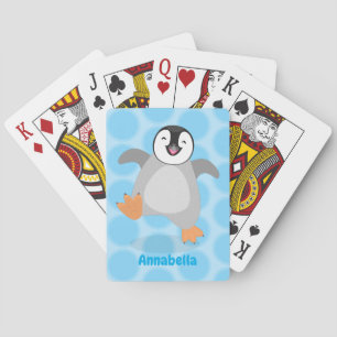 Cute happy emperor penguin chick cartoon playing cards