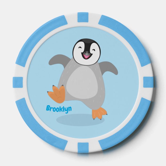 Cute happy emperor penguin chick cartoon poker chips (Front)