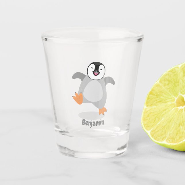 Cute happy emperor penguin chick cartoon shot glass (Front)