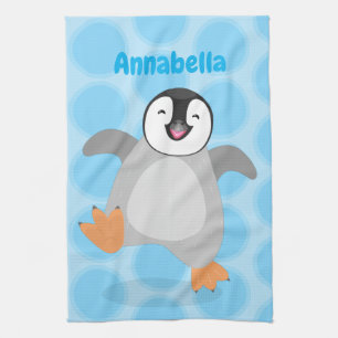 Cute happy emperor penguin chick cartoon tea towel