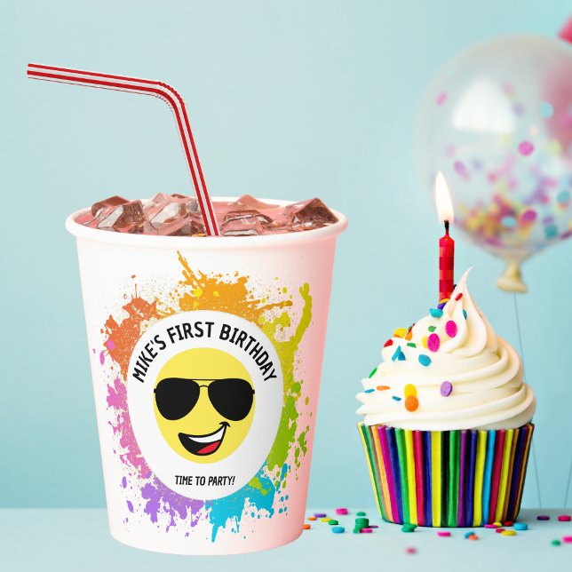 Cute Happy Face,Aviator Glasses,Fun First Birthday Paper Cups (Creator Uploaded)
