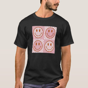 Cute Happy Face Checkered Pattern Pink Smile Face  T-Shirt