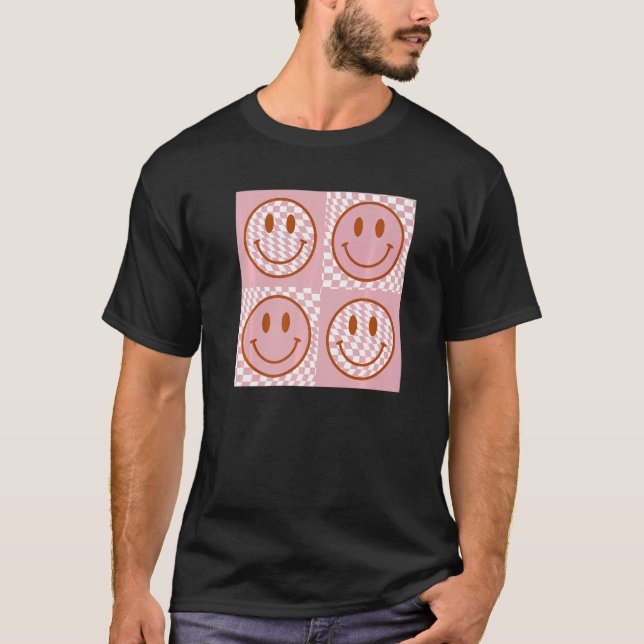 Cute Happy Face Checkered Pattern Pink Smile Face  T-Shirt (Front)