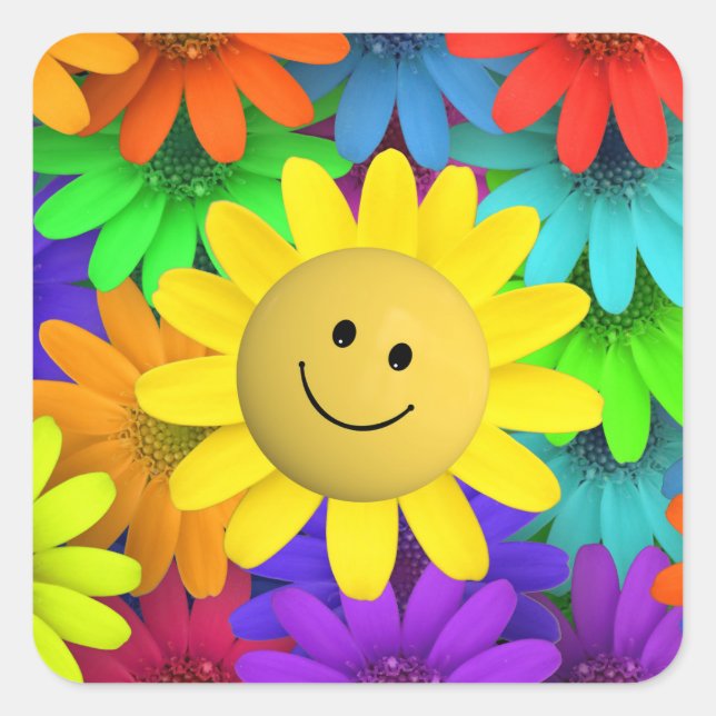 Cute Happy Face Flowers Square Sticker (Front)