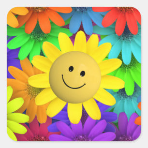 Cute Happy Face Flowers Square Sticker