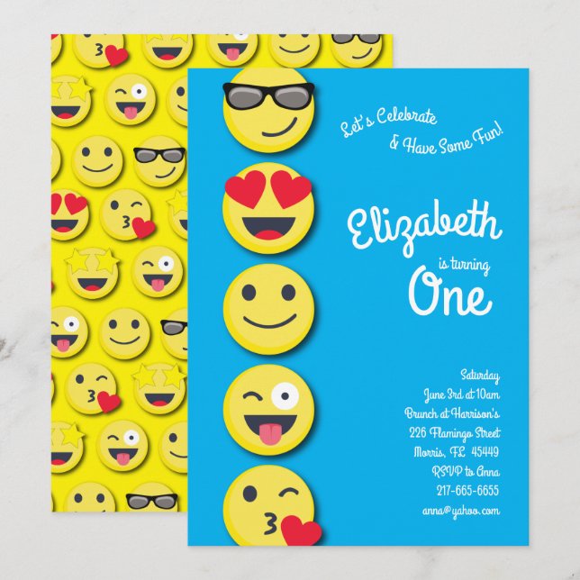 Cute Happy Face Kids 1st Birthday Party Invitation (Front/Back)