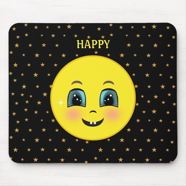 Cute happy faces and stars on black mouse mat (Front)