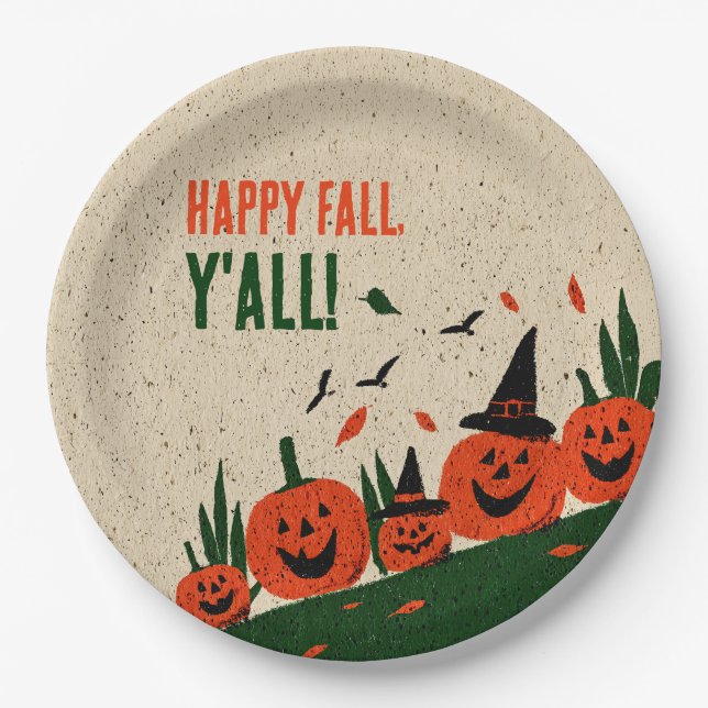 Cute Happy Fall Y'all Pumpkin Witch Hat Paper Plate (Front)