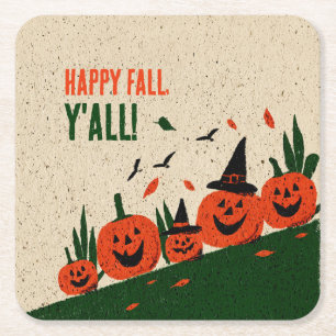 Cute Happy Fall Y'all Pumpkin Witch Hat Square Paper Coaster