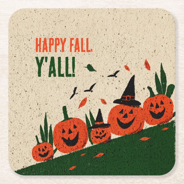 Cute Happy Fall Y'all Pumpkin Witch Hat Square Paper Coaster (Front)