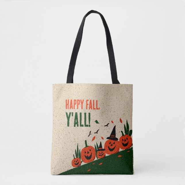 Cute Happy Fall Y'all Pumpkin Witch Hat Tote Bag (Front)