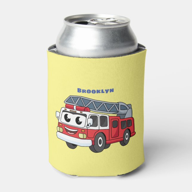 Cute happy fire engine cartoon can cooler (Can Front)