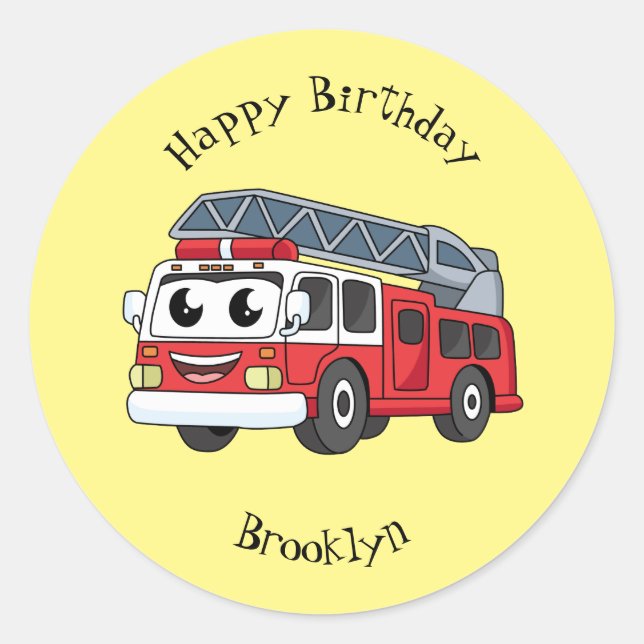 Cute happy fire engine cartoon classic round sticker (Front)