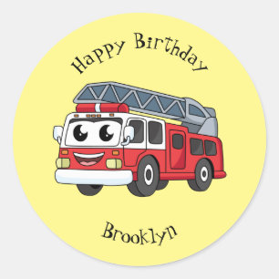 Cute happy fire engine cartoon classic round sticker