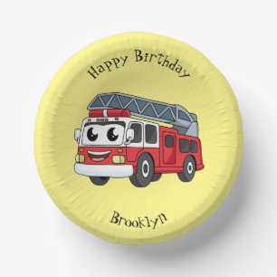 Cute happy fire engine cartoon paper plate