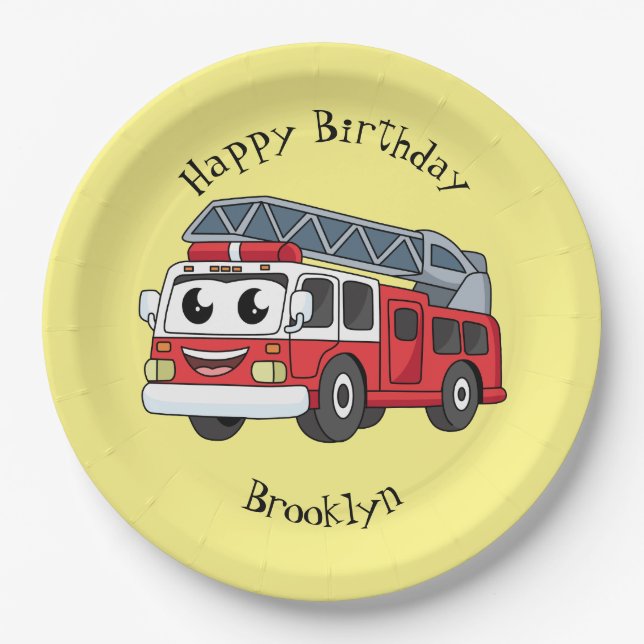 Cute happy fire engine cartoon paper plate (Front)