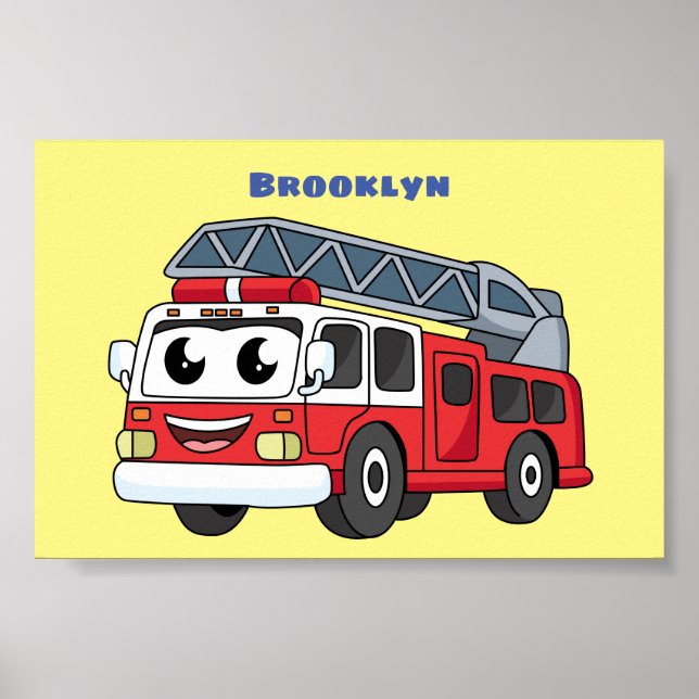 Cute happy fire engine cartoon poster (Front)