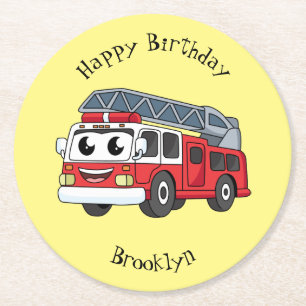 Cute happy fire engine cartoon round paper coaster