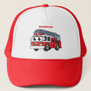 Cute happy fire engine cartoon trucker hat
