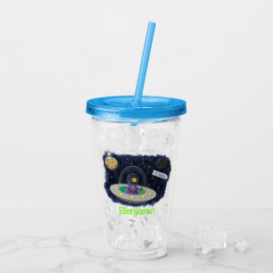 Cute happy fish ufo space cartoon illustration acrylic tumbler