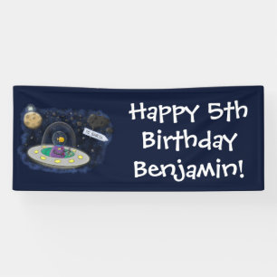 Cute happy fish ufo space cartoon illustration banner